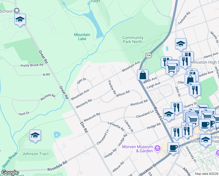 map of restaurants, bars, coffee shops, grocery stores, and more near 16 Westerly Road in Princeton