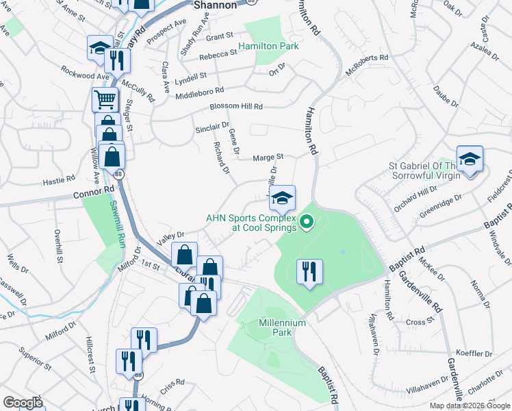 map of restaurants, bars, coffee shops, grocery stores, and more near 1529 Lucille Drive in Pittsburgh