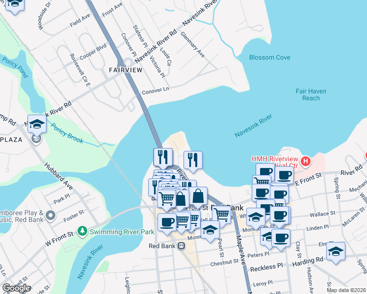map of restaurants, bars, coffee shops, grocery stores, and more near 138 Bodman Place in Red Bank