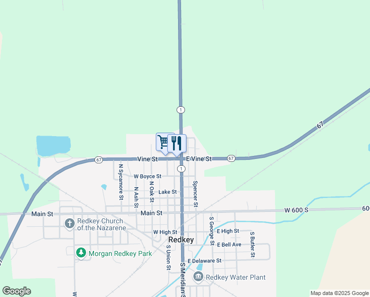 map of restaurants, bars, coffee shops, grocery stores, and more near 520 North Spencer Street in Redkey