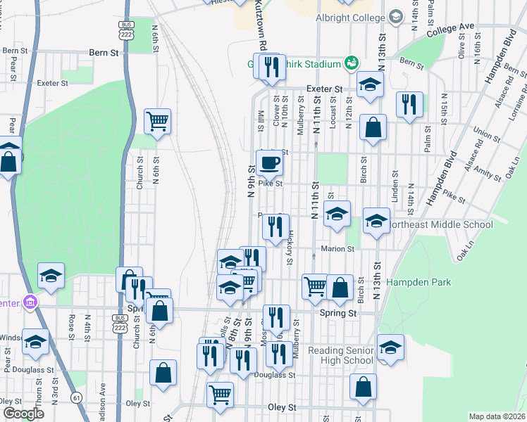 map of restaurants, bars, coffee shops, grocery stores, and more near 1256 Clover Street in Reading