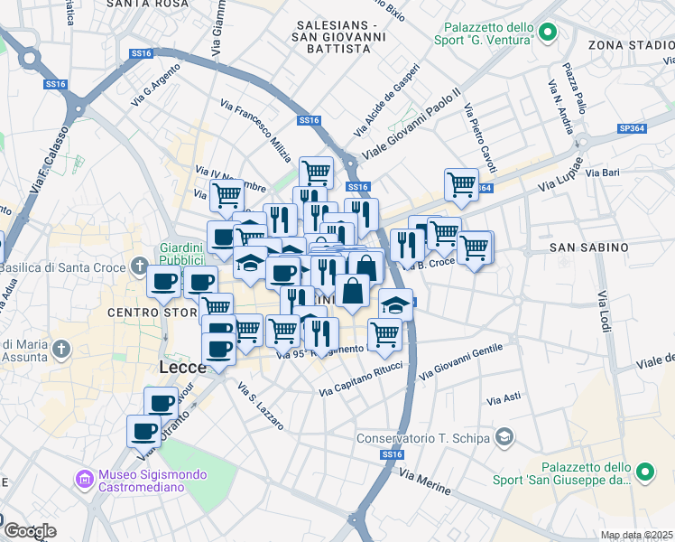 map of restaurants, bars, coffee shops, grocery stores, and more near 54 Via M. Renato Imbriani in Lecce