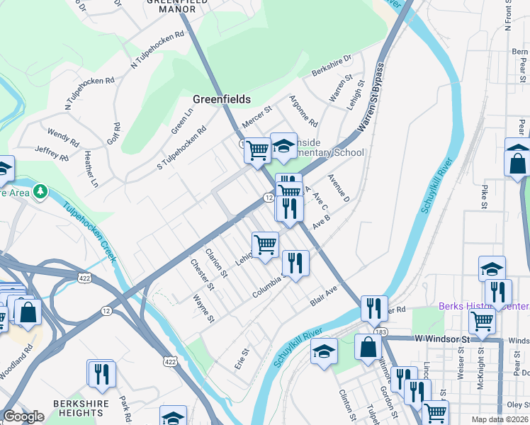 map of restaurants, bars, coffee shops, grocery stores, and more near 1321 Butler Street in Reading