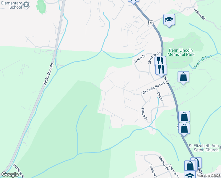 map of restaurants, bars, coffee shops, grocery stores, and more near 491 Old Jacks Run Road in Irwin