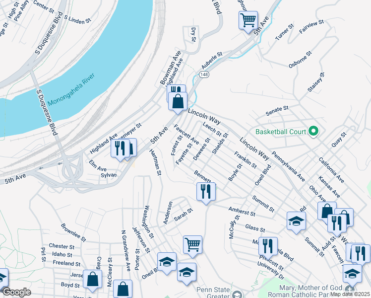map of restaurants, bars, coffee shops, grocery stores, and more near 708 Summit Street in McKeesport