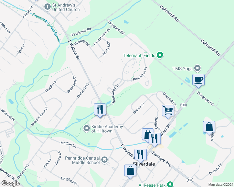 map of restaurants, bars, coffee shops, grocery stores, and more near 610 Orangewood Court in Perkasie