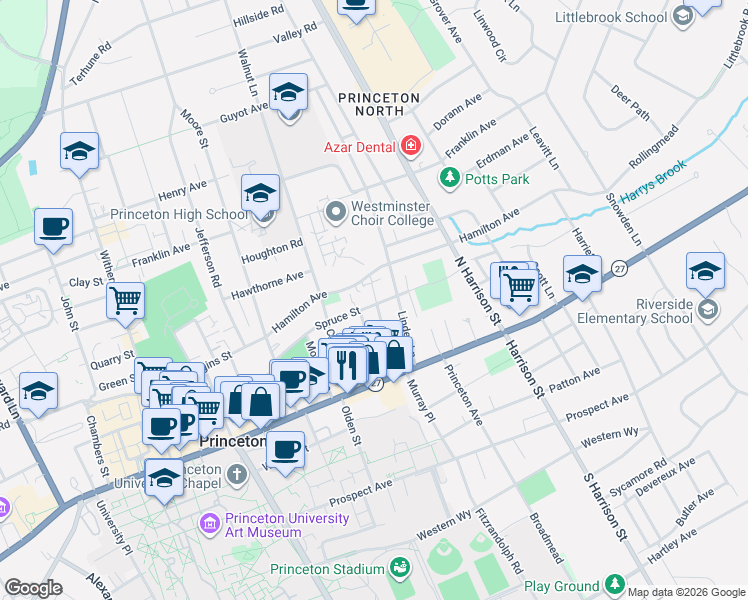 map of restaurants, bars, coffee shops, grocery stores, and more near 49 Maple Street in Princeton