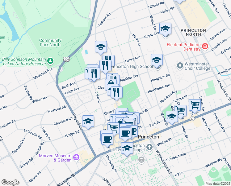 map of restaurants, bars, coffee shops, grocery stores, and more near 5 Shirley Court in Princeton