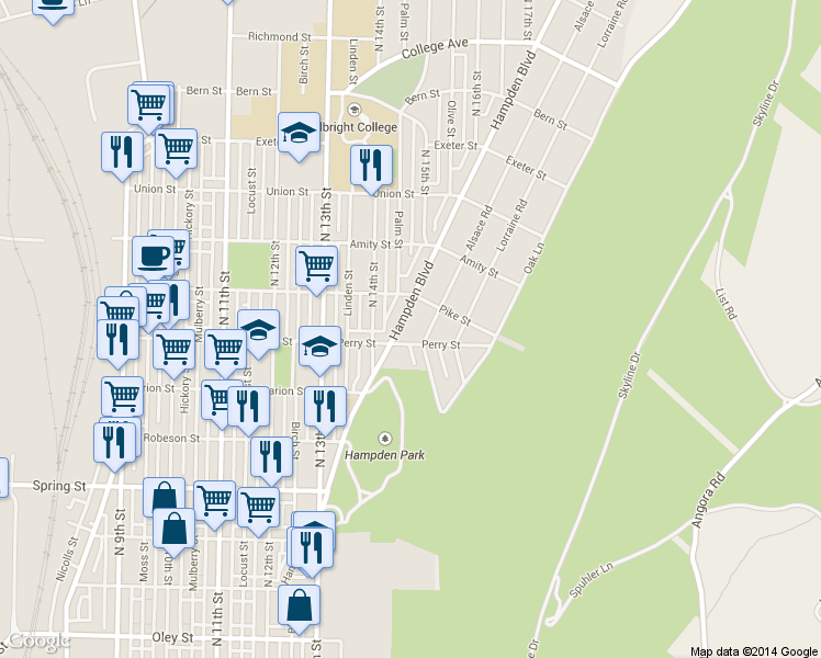 map of restaurants, bars, coffee shops, grocery stores, and more near 1255 Hampden Boulevard in Reading