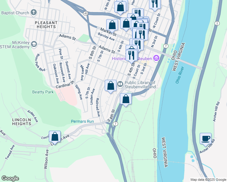 map of restaurants, bars, coffee shops, grocery stores, and more near 439 South 4th Street in Steubenville