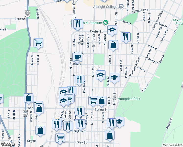 map of restaurants, bars, coffee shops, grocery stores, and more near 1312 North 11th Street in Reading