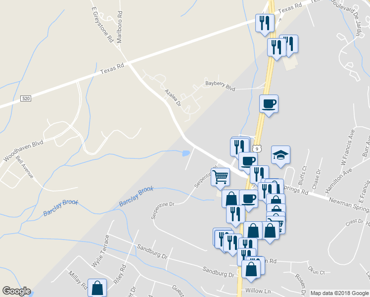 map of restaurants, bars, coffee shops, grocery stores, and more near 3 County Road 520 in Englishtown