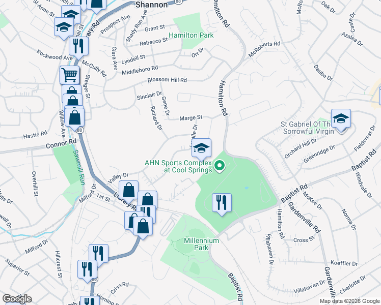 map of restaurants, bars, coffee shops, grocery stores, and more near 1529 Lucille Drive in Pittsburgh