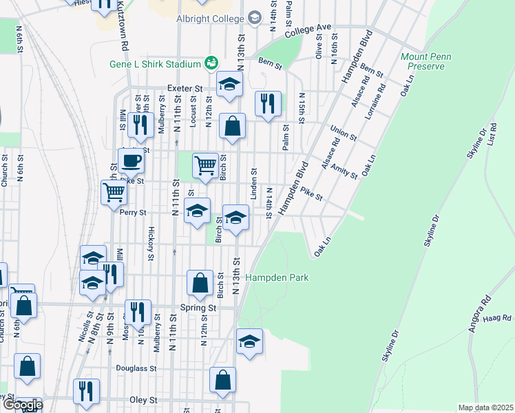 map of restaurants, bars, coffee shops, grocery stores, and more near 1324 Perry Street in Reading