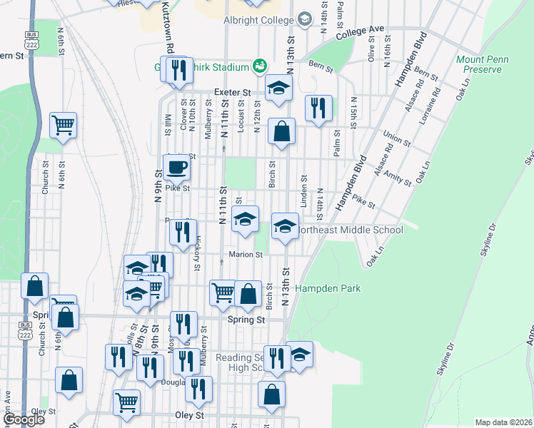 map of restaurants, bars, coffee shops, grocery stores, and more near 1301 North 12th Street in Reading