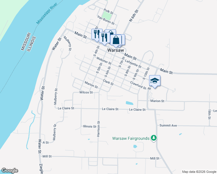 map of restaurants, bars, coffee shops, grocery stores, and more near 545 South 7th Street in Warsaw
