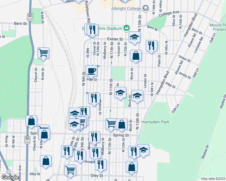 map of restaurants, bars, coffee shops, grocery stores, and more near 1313 N 11th St in Reading