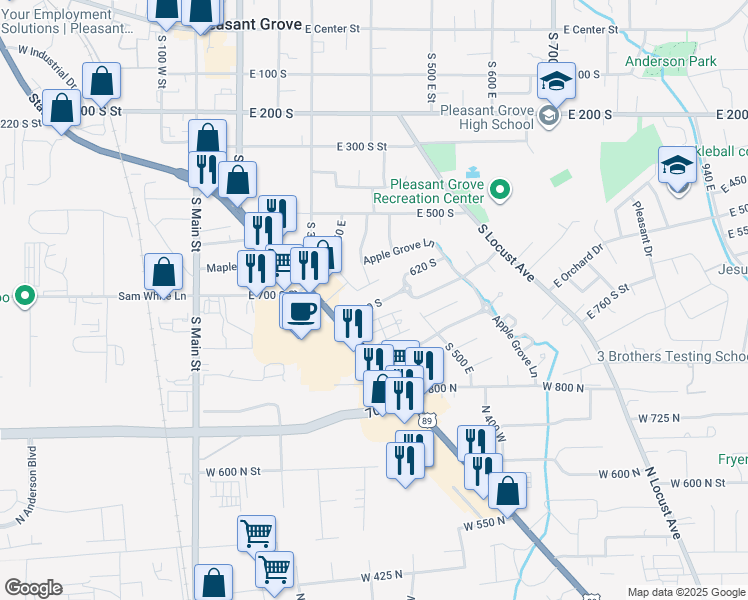 map of restaurants, bars, coffee shops, grocery stores, and more near 409 East 790 South in Pleasant Grove