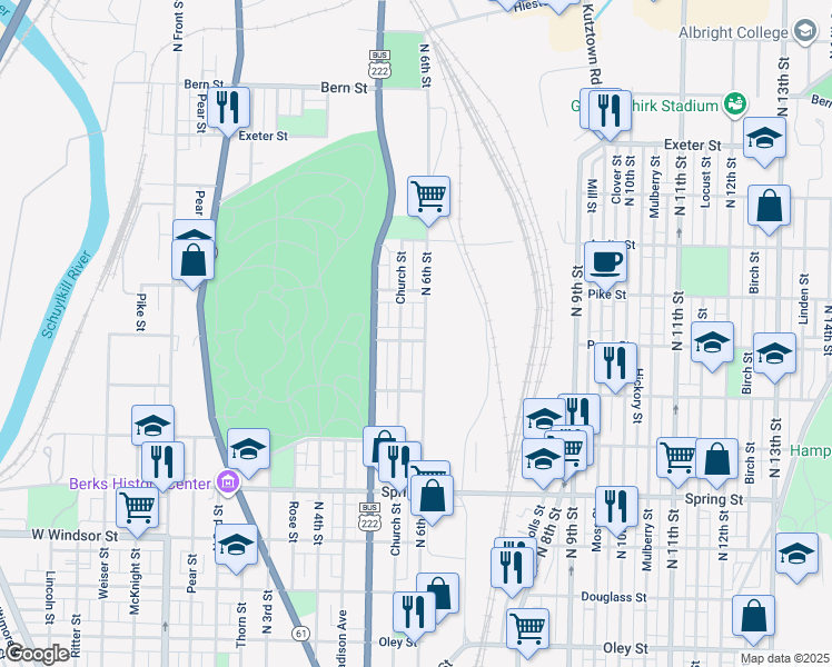 map of restaurants, bars, coffee shops, grocery stores, and more near 553 Perry Street in Reading