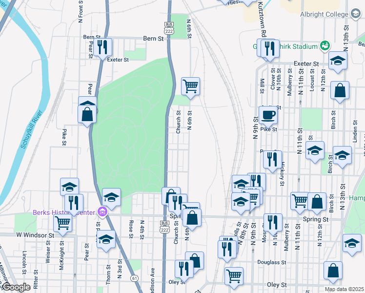 map of restaurants, bars, coffee shops, grocery stores, and more near 543 Perry Street in Reading