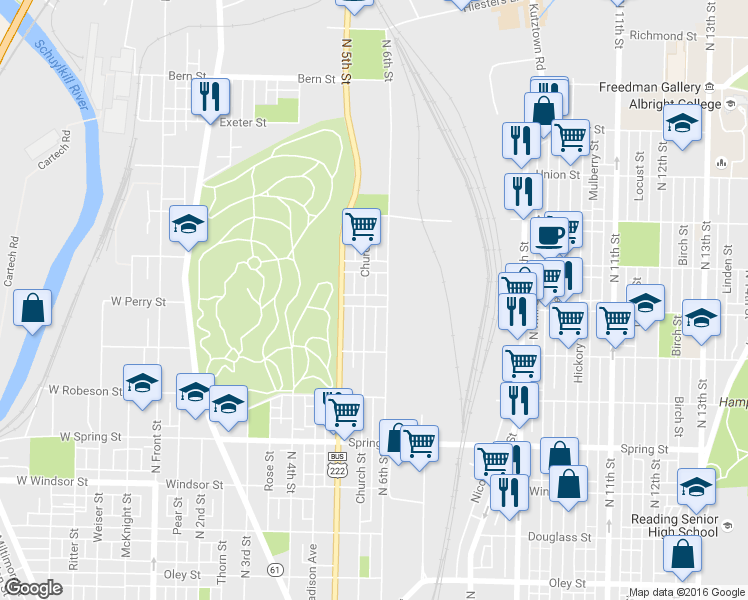 map of restaurants, bars, coffee shops, grocery stores, and more near 543 Perry Street in Reading