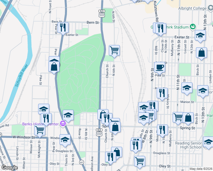 map of restaurants, bars, coffee shops, grocery stores, and more near 1229 North 5th Street in Reading