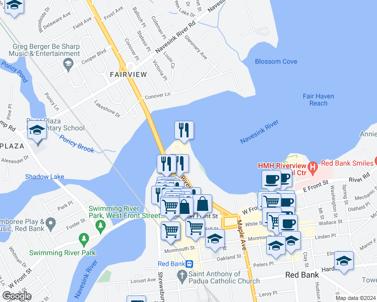 map of restaurants, bars, coffee shops, grocery stores, and more near 130 Bodman Place in Red Bank
