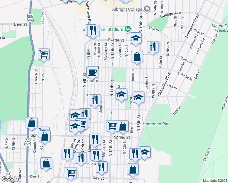 map of restaurants, bars, coffee shops, grocery stores, and more near 1116 Perry Street in Reading