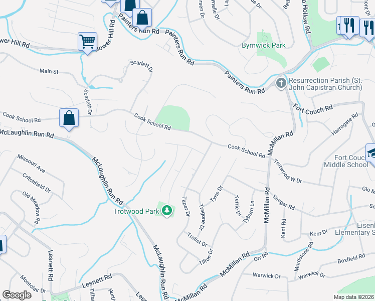 map of restaurants, bars, coffee shops, grocery stores, and more near 1759 Robson Drive in Pittsburgh