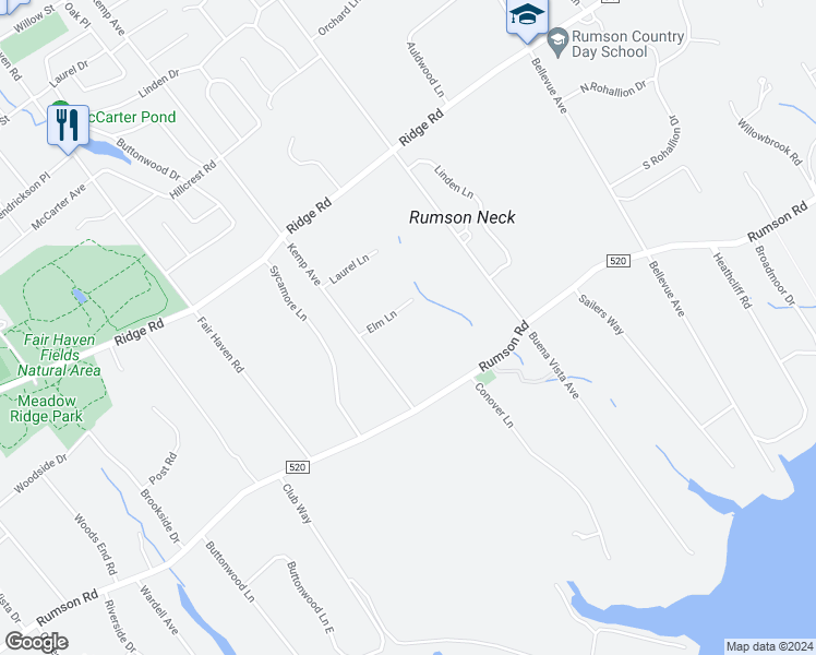 map of restaurants, bars, coffee shops, grocery stores, and more near 3 Elm Lane in Rumson