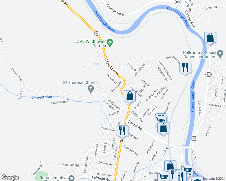 map of restaurants, bars, coffee shops, grocery stores, and more near 389 Brush Avenue in Johnstown