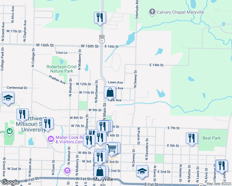 map of restaurants, bars, coffee shops, grocery stores, and more near 1006 Oak Street in Maryville