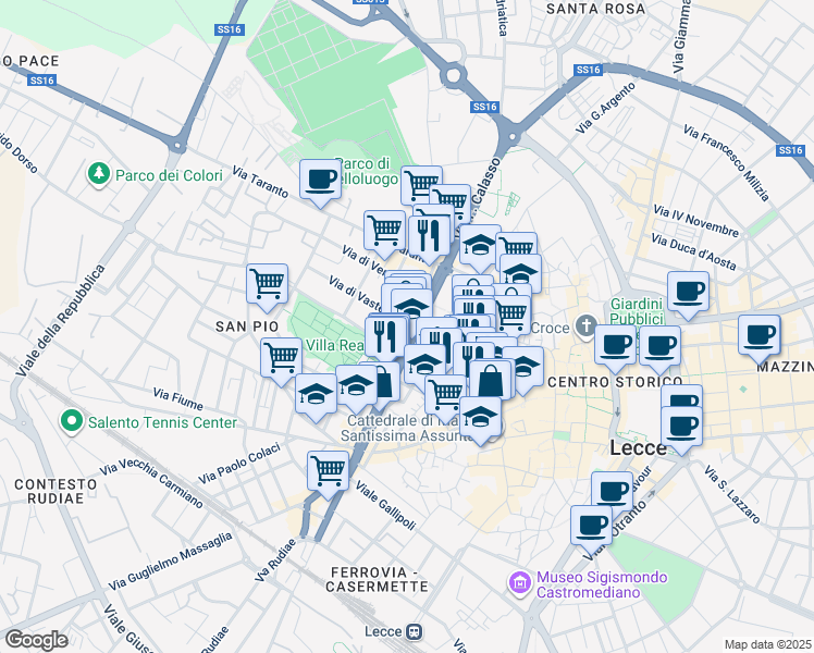 map of restaurants, bars, coffee shops, grocery stores, and more near 45 Viale dell'Università in Lecce