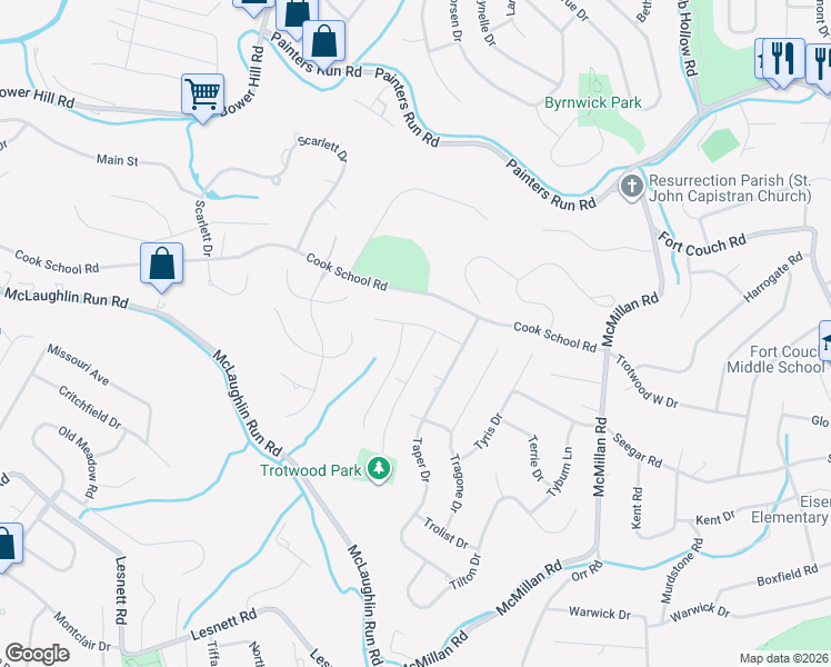 map of restaurants, bars, coffee shops, grocery stores, and more near 1759 Robson Drive in Pittsburgh