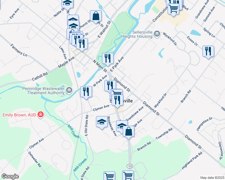 map of restaurants, bars, coffee shops, grocery stores, and more near 4 West Pine Street in Sellersville