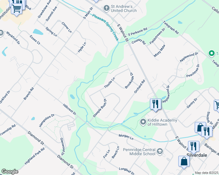 map of restaurants, bars, coffee shops, grocery stores, and more near 318 Thistle Lane in Perkasie
