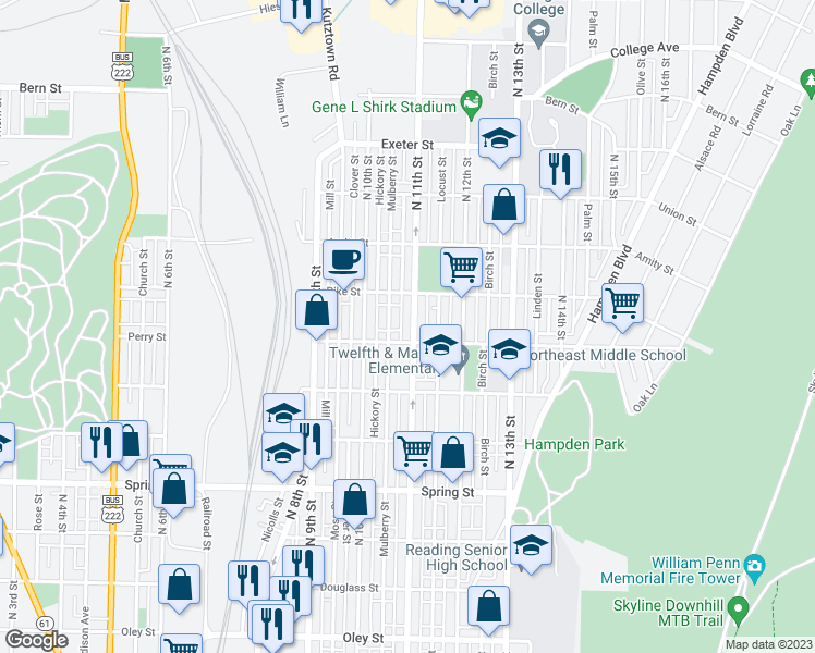 map of restaurants, bars, coffee shops, grocery stores, and more near 1320 North 11th Street in Reading