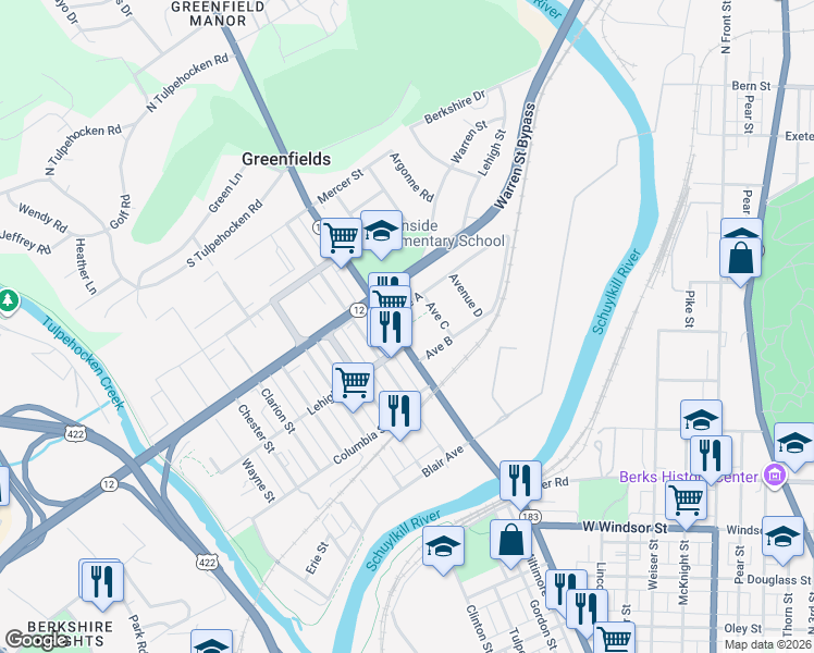 map of restaurants, bars, coffee shops, grocery stores, and more near 1254 Schuylkill Avenue in Reading