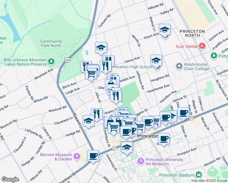 map of restaurants, bars, coffee shops, grocery stores, and more near in Princeton