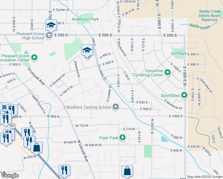 map of restaurants, bars, coffee shops, grocery stores, and more near 795 South Loader Avenue in Pleasant Grove