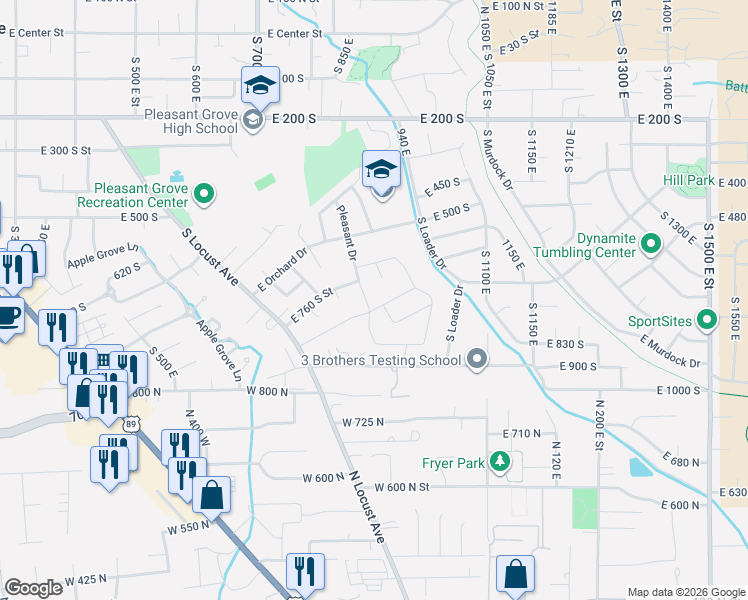map of restaurants, bars, coffee shops, grocery stores, and more near 806 South 910 East in Pleasant Grove
