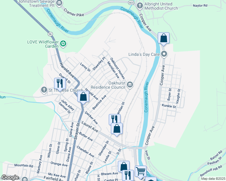 map of restaurants, bars, coffee shops, grocery stores, and more near 507-599 Jean Avenue in Johnstown