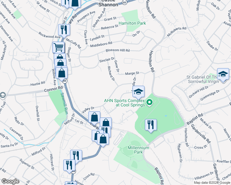 map of restaurants, bars, coffee shops, grocery stores, and more near 3537 Valley Drive in Pittsburgh