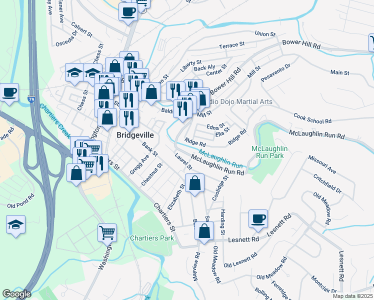 map of restaurants, bars, coffee shops, grocery stores, and more near 924 Laurel Street in Bridgeville