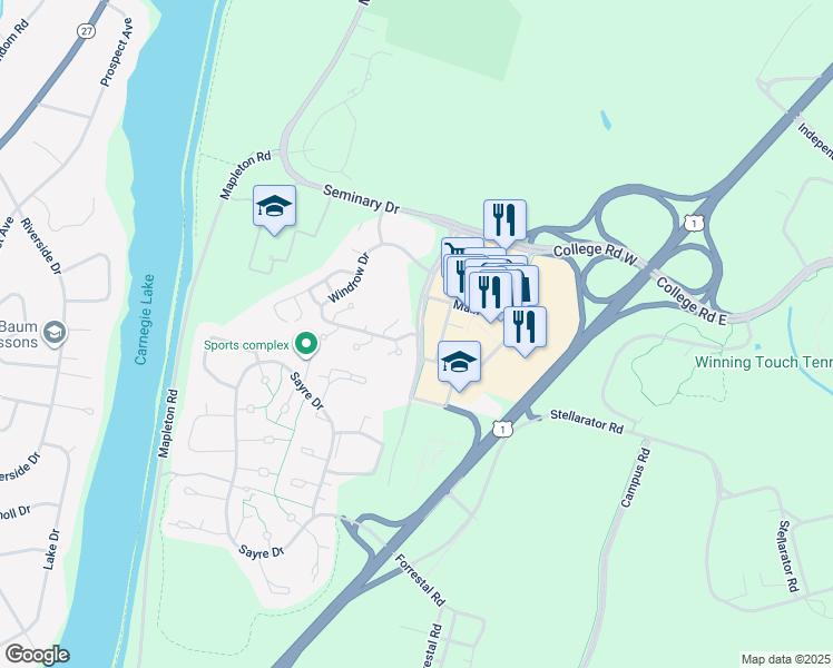 map of restaurants, bars, coffee shops, grocery stores, and more near 2425 Windrow Drive in Princeton