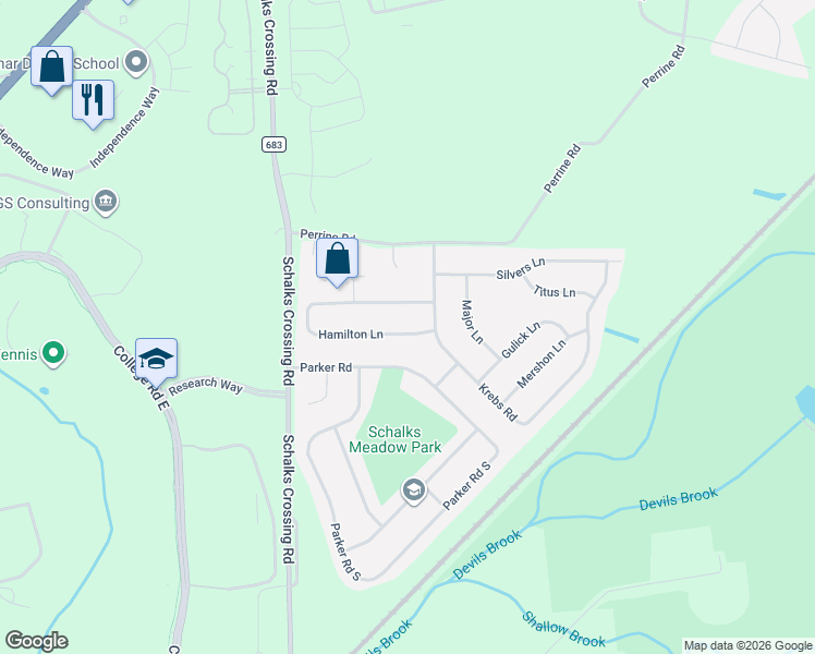 map of restaurants, bars, coffee shops, grocery stores, and more near 58 Hamilton Lane in Plainsboro Township