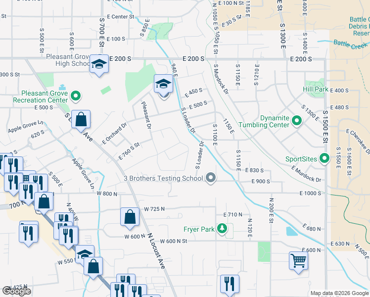 map of restaurants, bars, coffee shops, grocery stores, and more near 776 South 980 East Street in Pleasant Grove