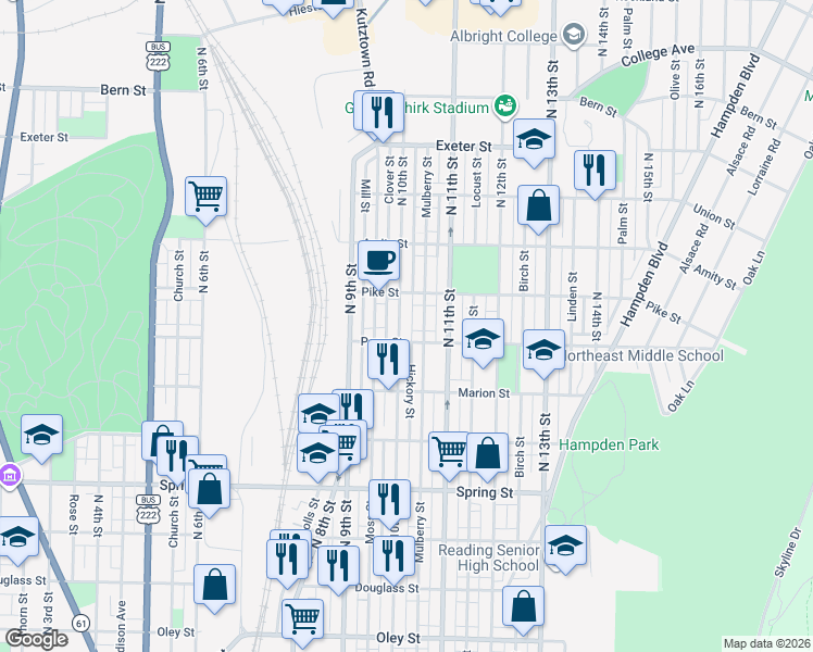 map of restaurants, bars, coffee shops, grocery stores, and more near 1256 Clover Street in Reading
