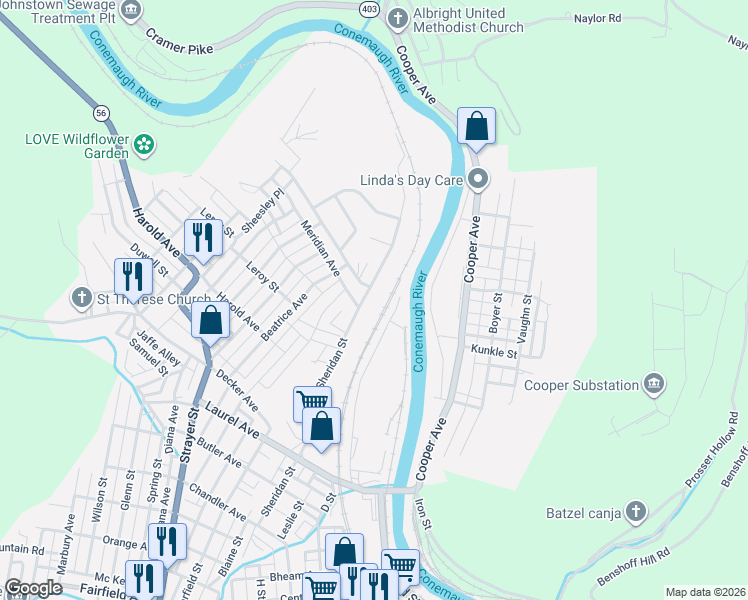 map of restaurants, bars, coffee shops, grocery stores, and more near 534 North Sheridan Street in Johnstown