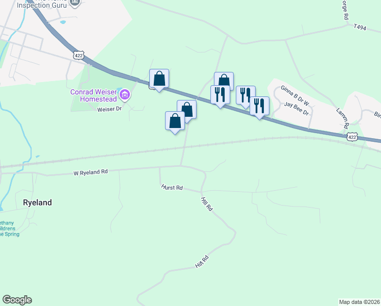 map of restaurants, bars, coffee shops, grocery stores, and more near 409 Hill Road in Robesonia